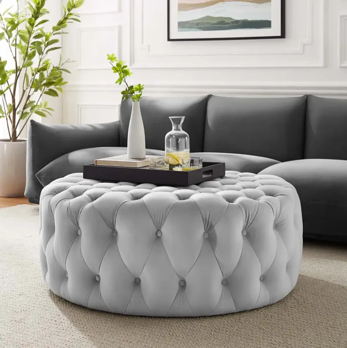 Amour Tufted Button Large Round Performance Velvet Ottoman