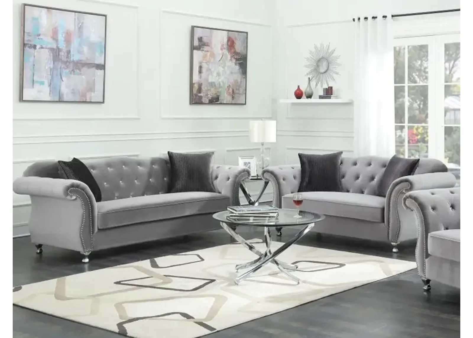 Frostine Upholstered Tufted Living Room Set Silver