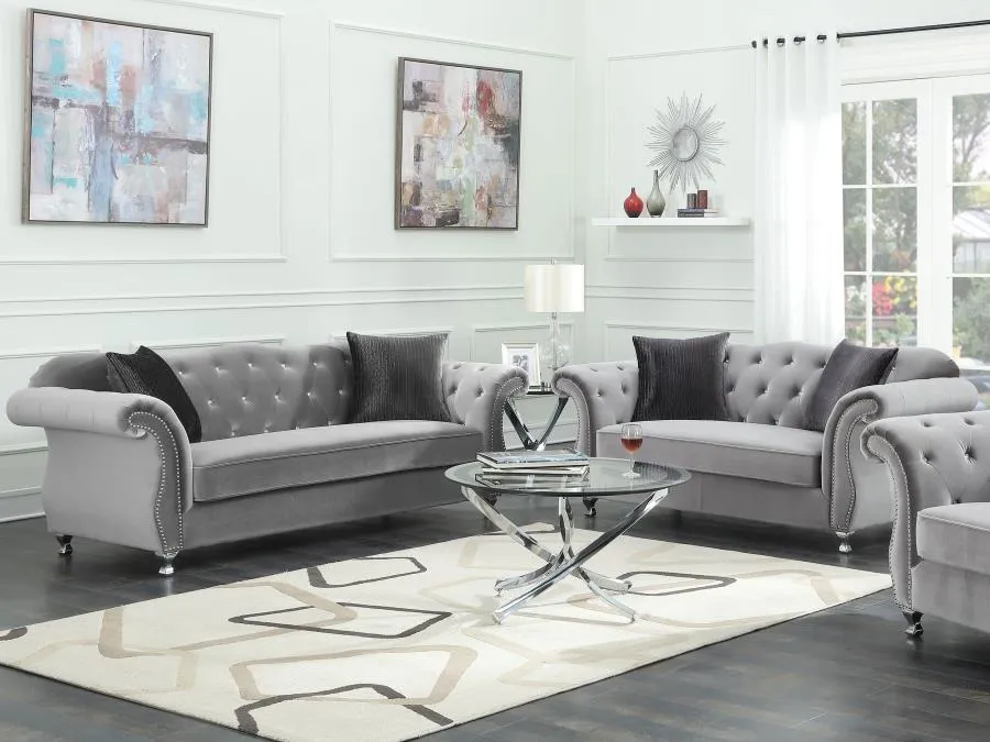 Frostine Upholstered Tufted Living Room Set Silver