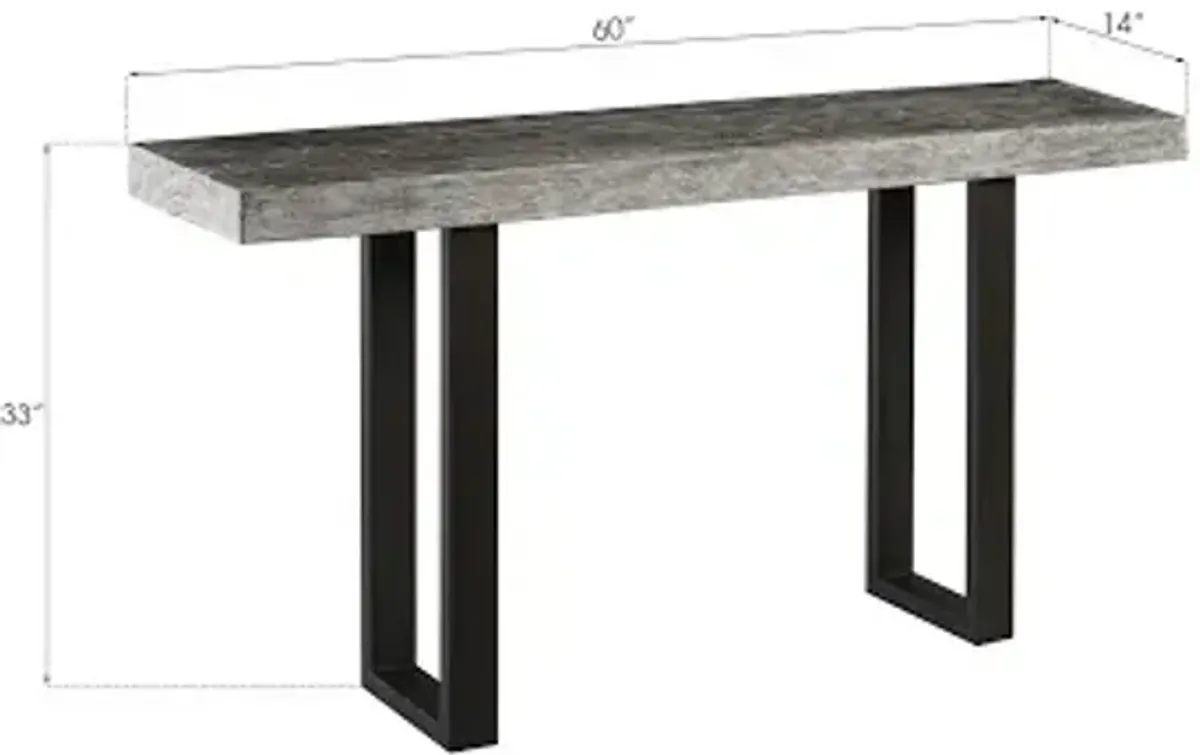 origins straight edge console table, metal u legs, gray stone finish