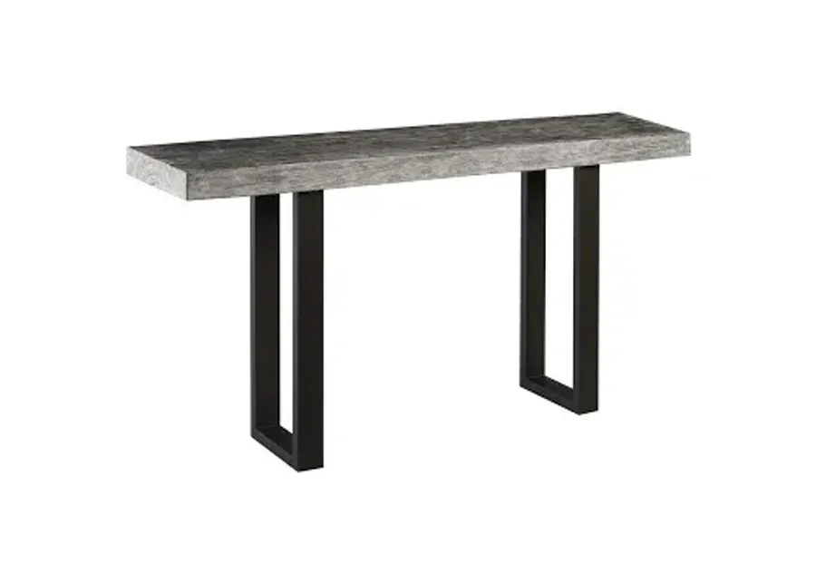 origins straight edge console table, metal u legs, gray stone finish