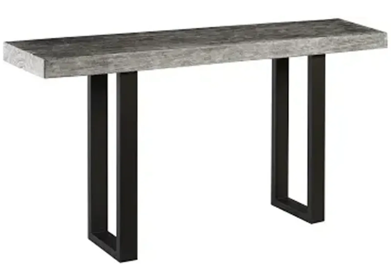 origins straight edge console table, metal u legs, gray stone finish