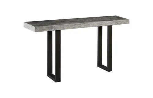 origins straight edge console table, metal u legs, gray stone finish