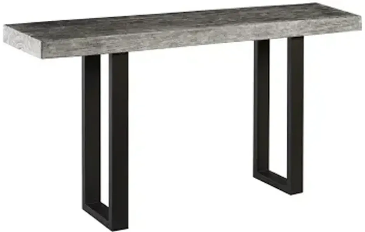 origins straight edge console table, metal u legs, gray stone finish