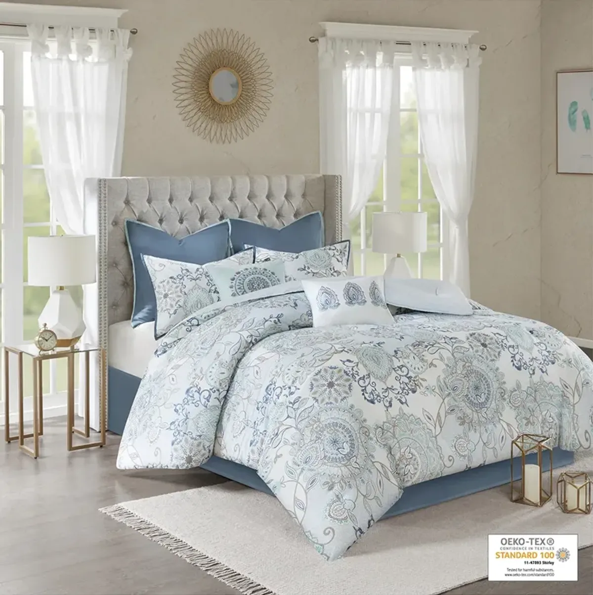 Madison Park Isla Blue 8 Piece Cotton Floral Printed Reversible Comforter Set