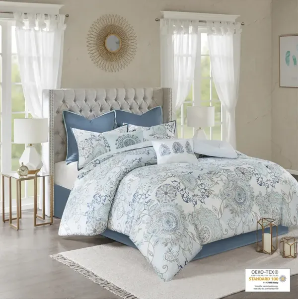 Madison Park Isla Blue 8 Piece Cotton Floral Printed Reversible Comforter Set
