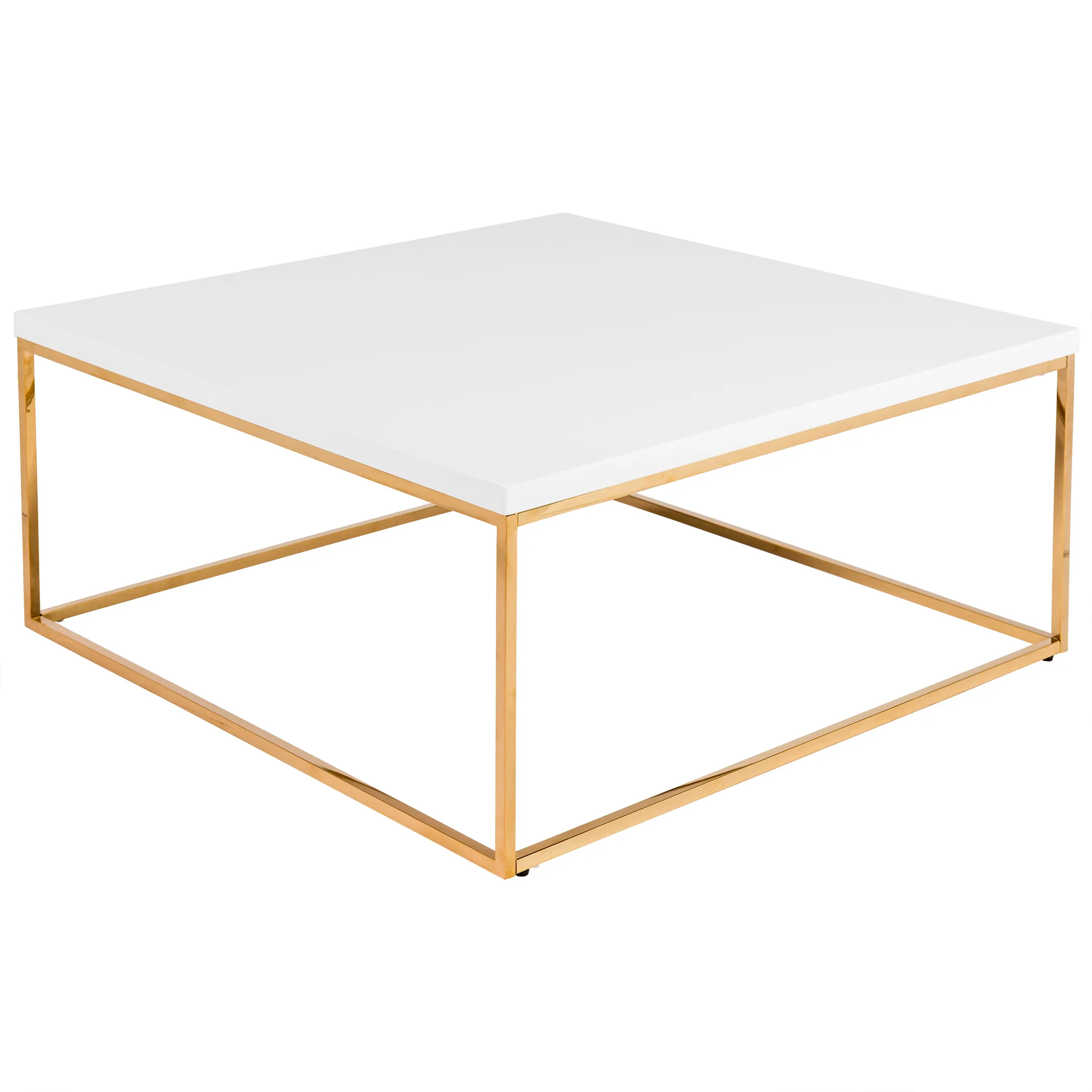 Teresa Square Coffee Table in White with Brushed High Gloss Gold Stainless Steel Frame