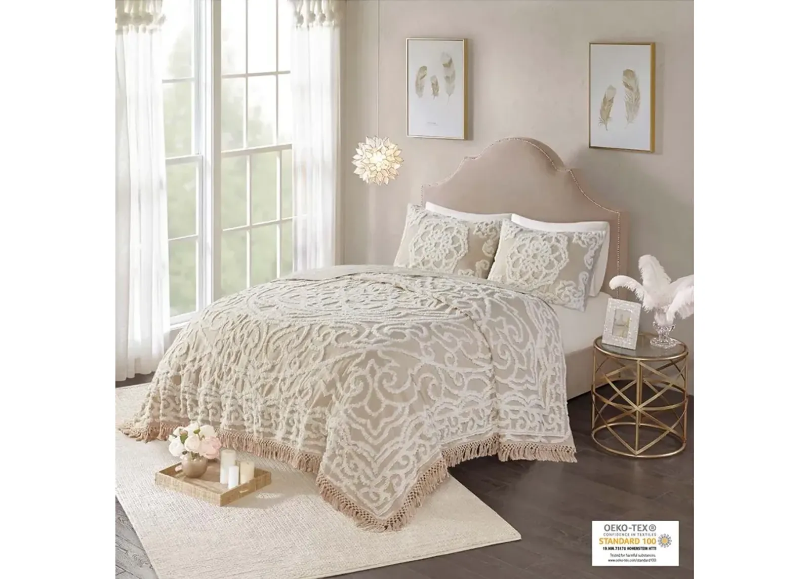 Madison Park Laetitia Taupe Tufted Cotton Chenille Medallion Fringe Coverlet Mini Set