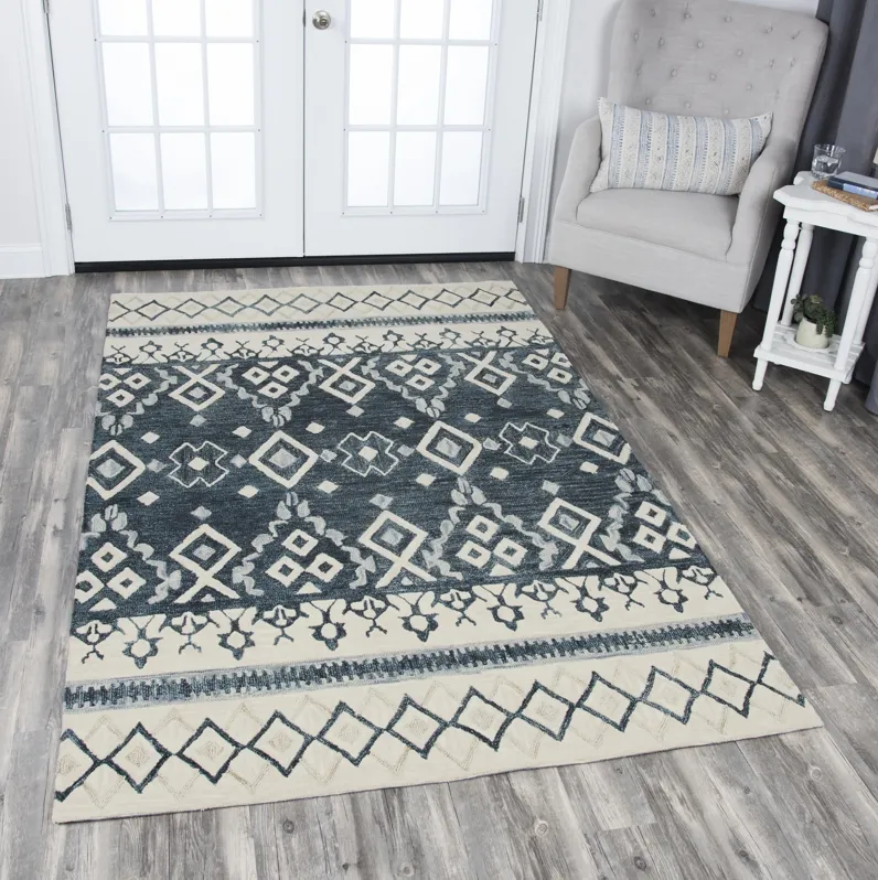 Opulent Gray/Dk.Blue Tribal Motif Wool 5' x 8' Rectangle Rug