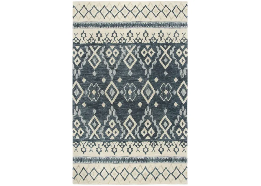 Opulent Gray/Dk.Blue Tribal Motif Wool 5' x 8' Rectangle Rug