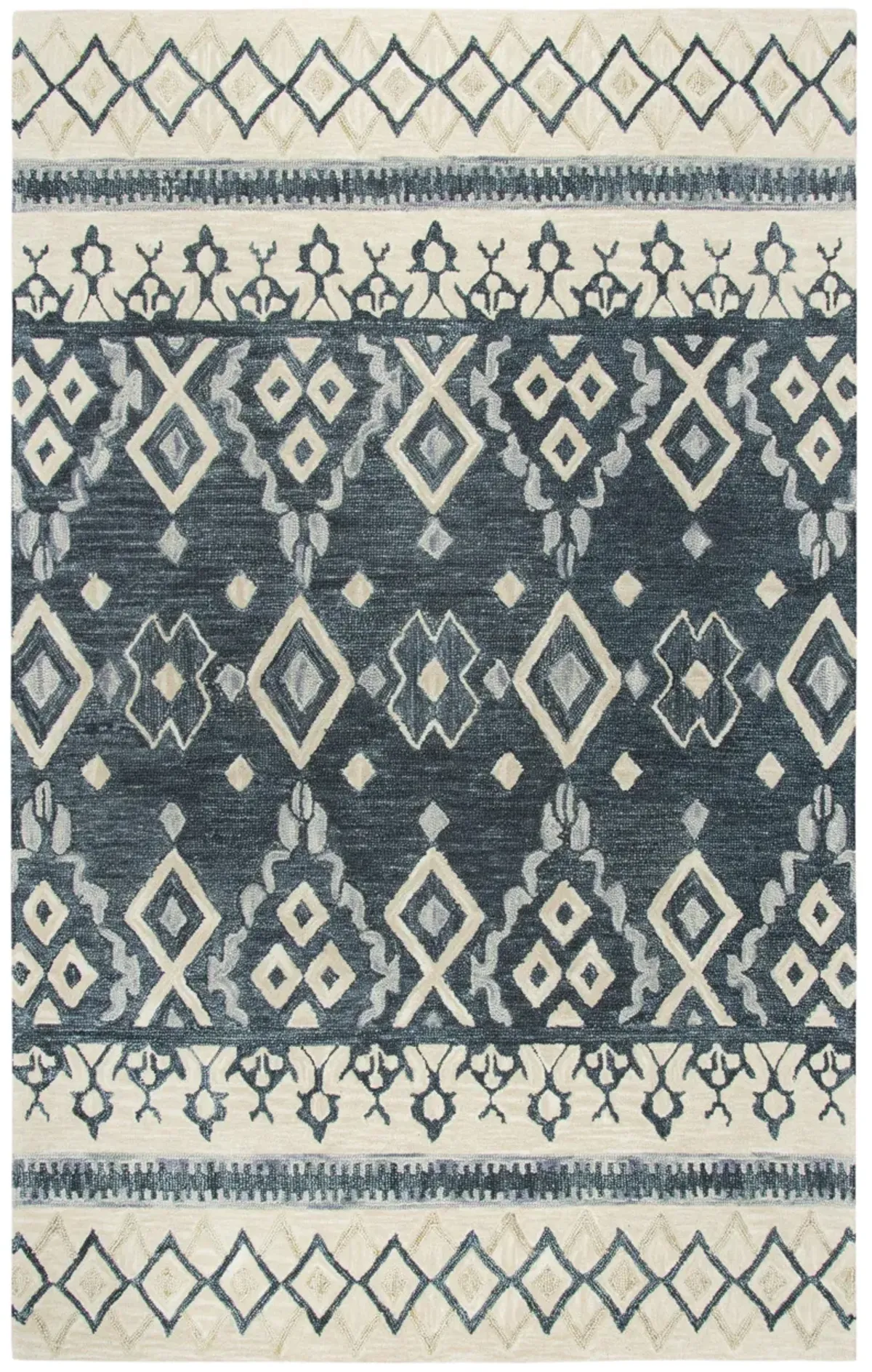 Opulent Gray/Dk.Blue Tribal Motif Wool 5' x 8' Rectangle Rug