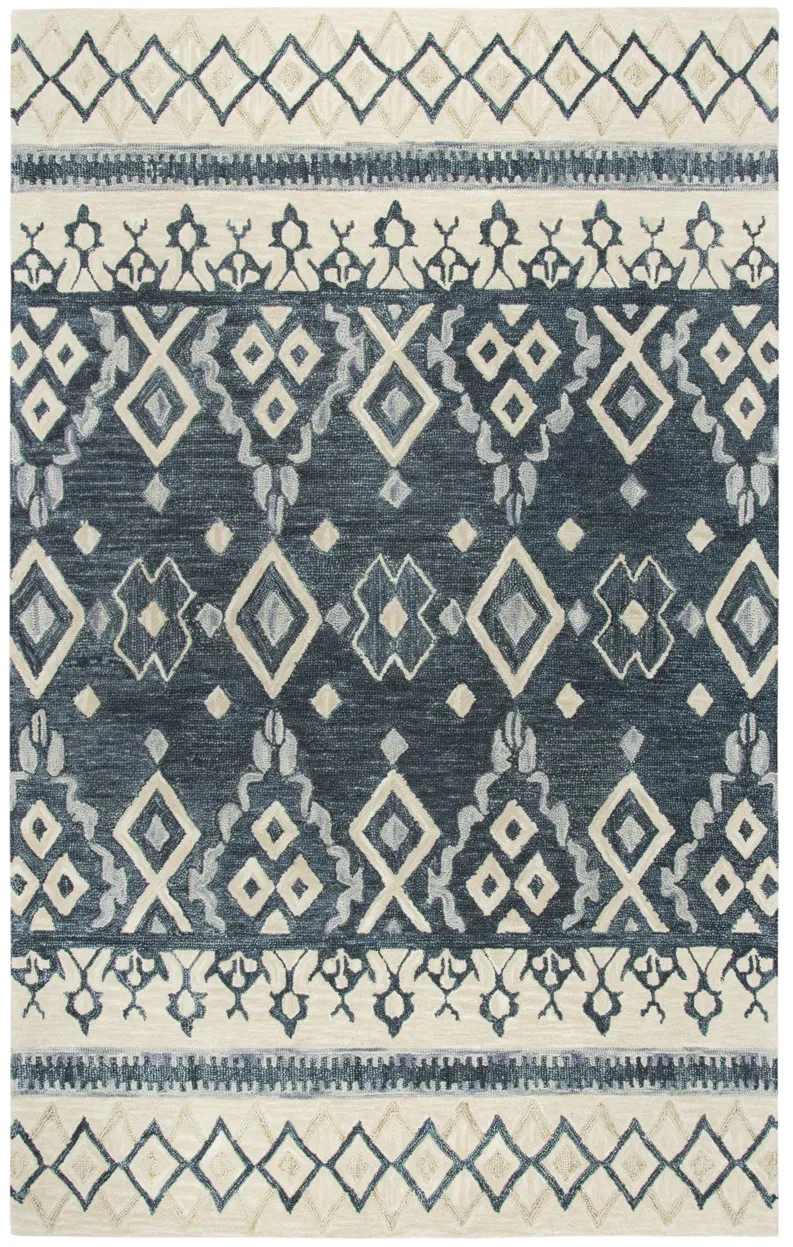 Opulent Gray/Dk.Blue Tribal Motif Wool 5' x 8' Rectangle Rug