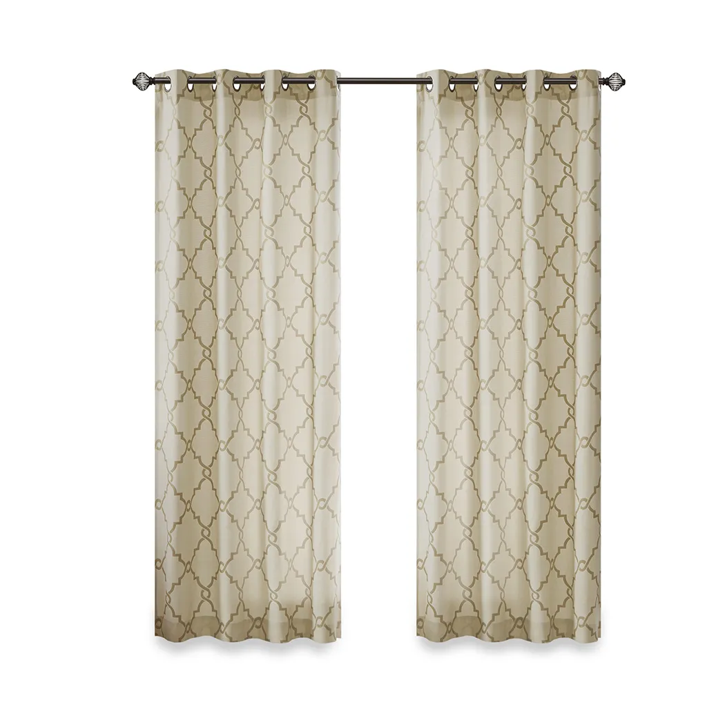 Madison Park Saratoga Beige/Gold Fretwork Print Grommet Top Window Curtain Panel