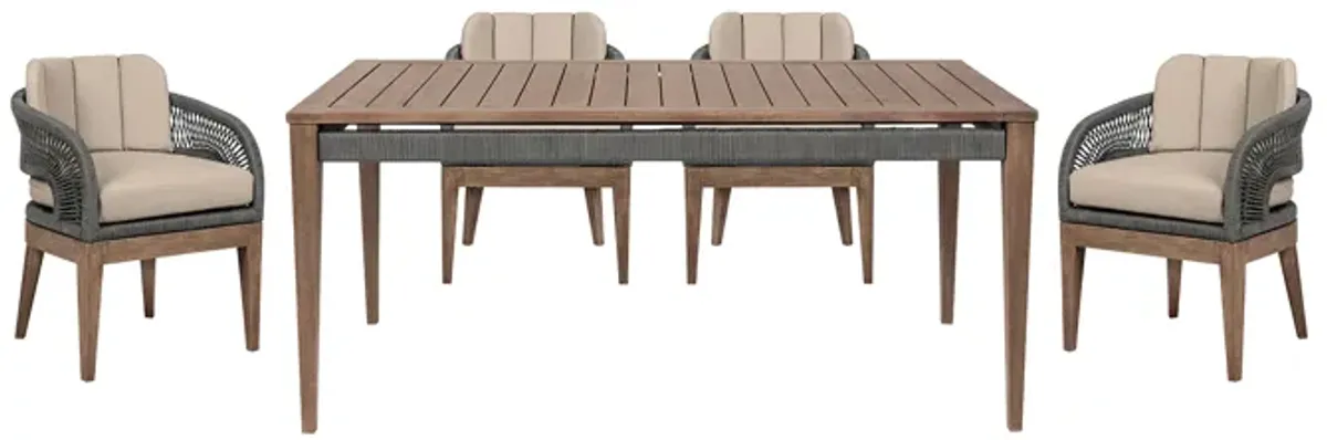 Orbit Outdoor Patio 5 Piece Dining Set in Weathered Eucalyptus Wood with Gray Rope and Taupe Olefin Cushions