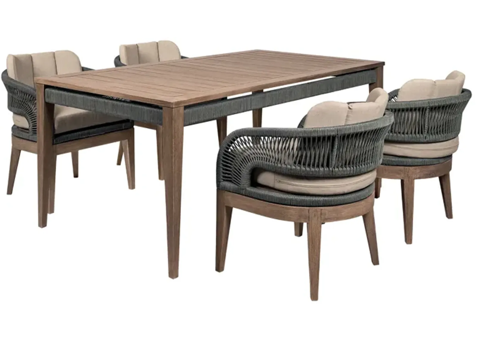 Orbit Outdoor Patio 5 Piece Dining Set in Weathered Eucalyptus Wood with Gray Rope and Taupe Olefin Cushions