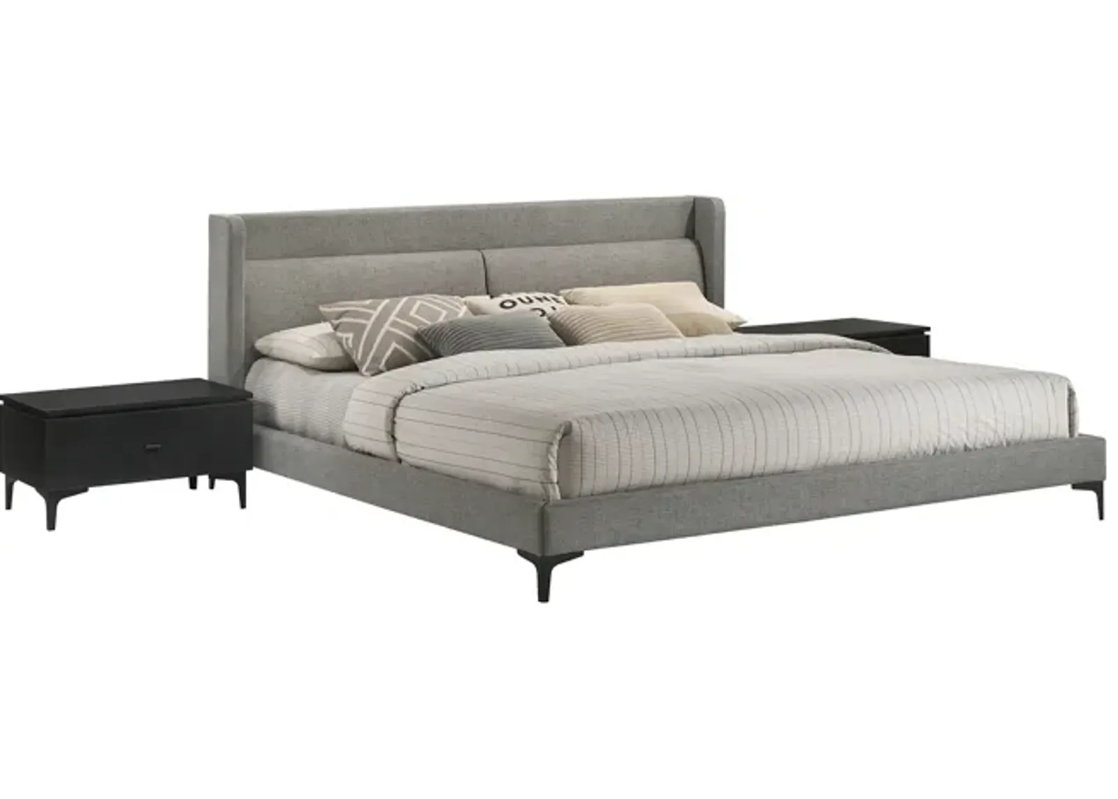 Legend 3 Piece Gray Fabric King Platform Bed and Nightstands Bedroom Set