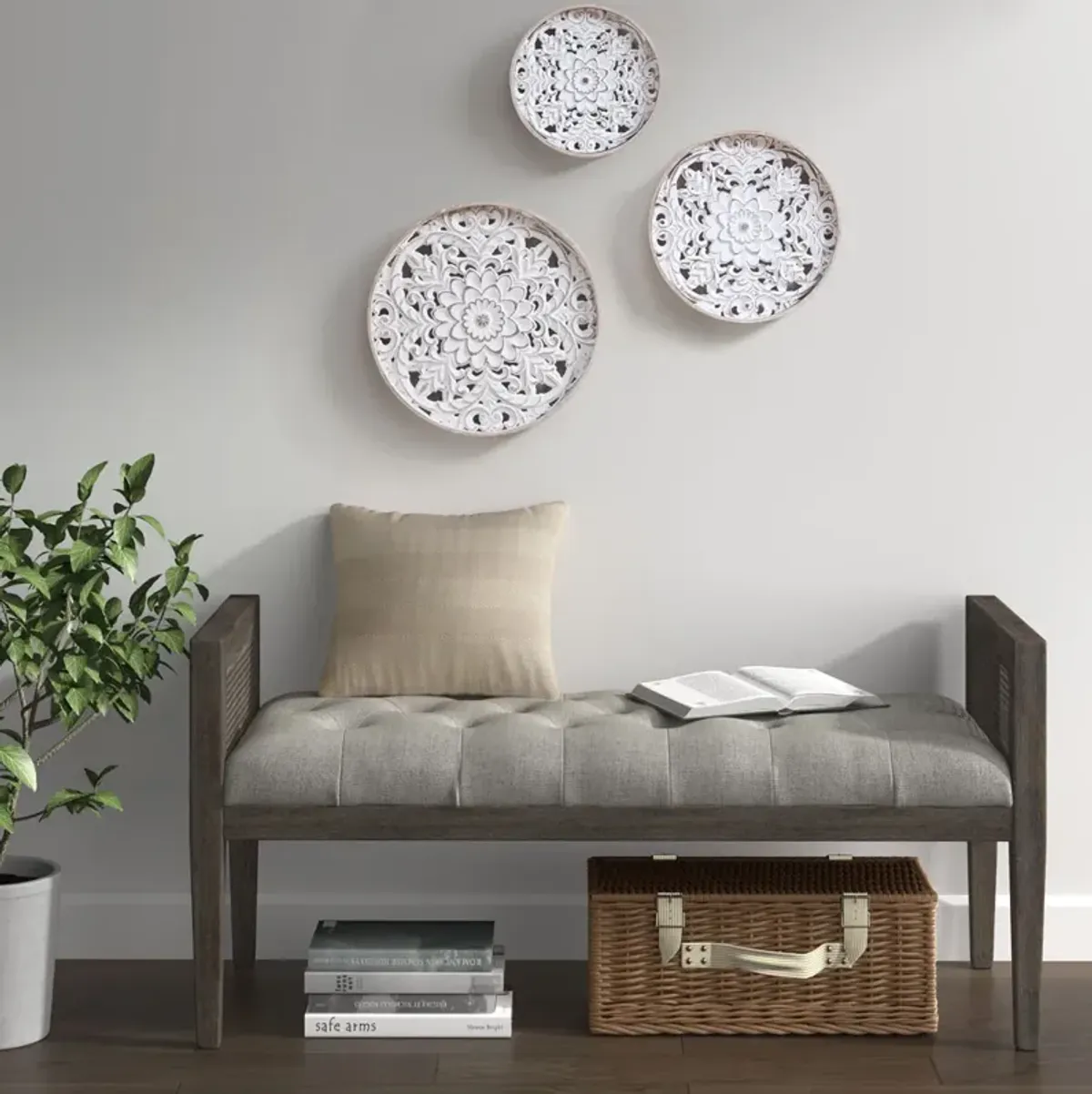 Madison Park Medallion Trio Natural/White Distressed White Floral 3-piece Carved Wood Wall Decor Set