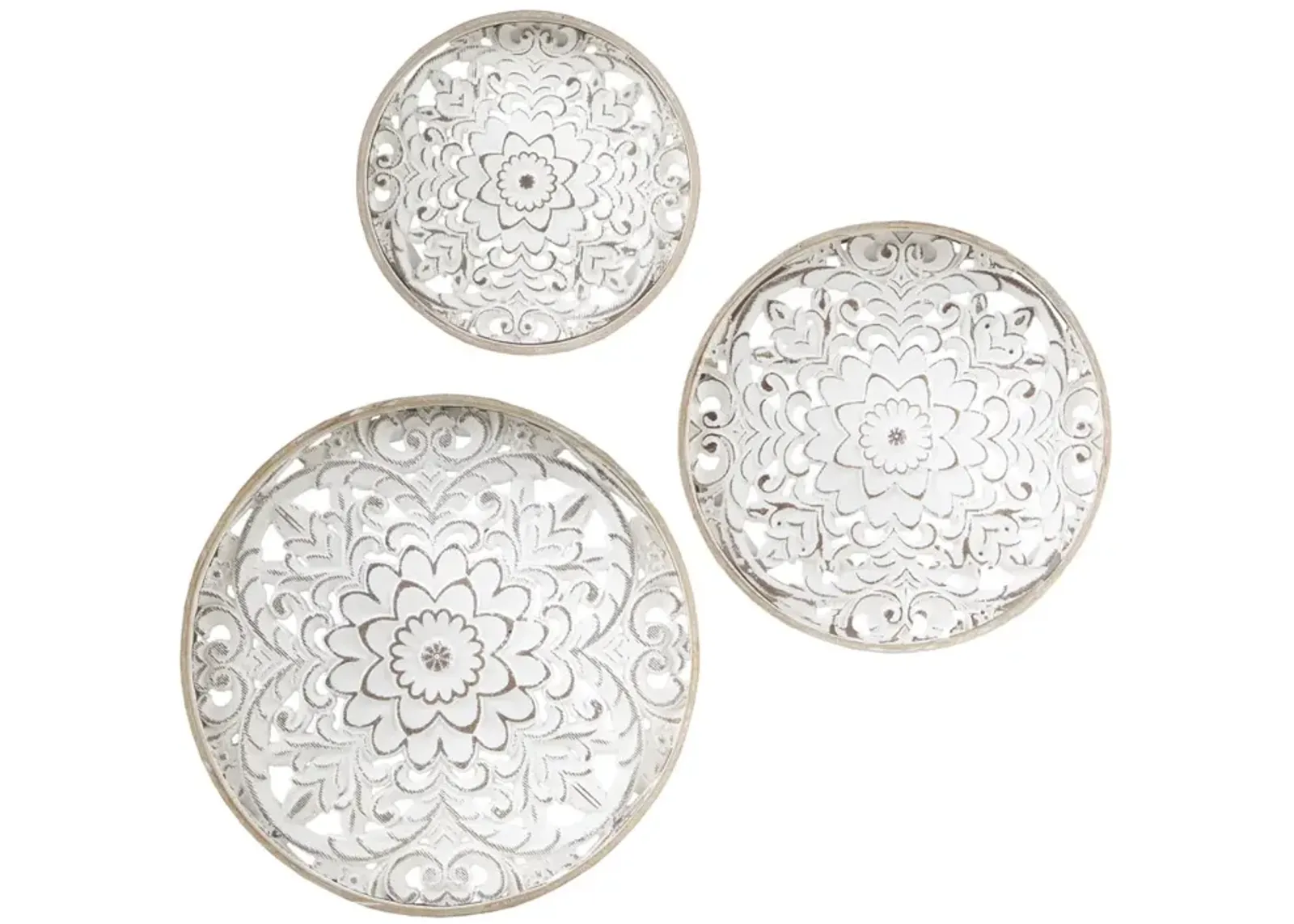 Madison Park Medallion Trio Natural/White Distressed White Floral 3-piece Carved Wood Wall Decor Set