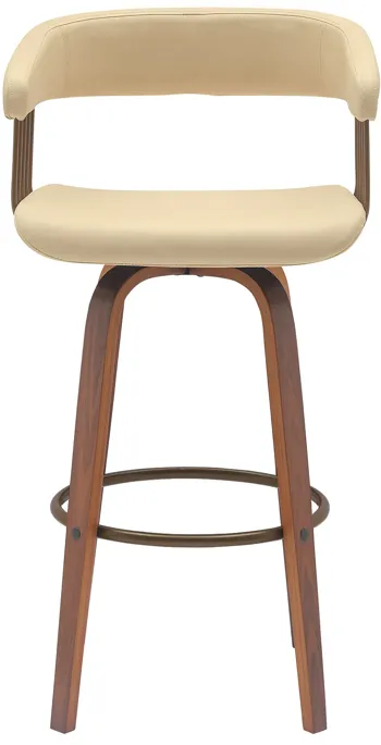 Topanga 26" Swivel Walnut Wood Counter Stool in Cream Faux Leather with Golden Bronze Metal