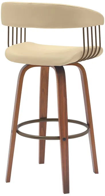 Topanga 26" Swivel Walnut Wood Counter Stool in Cream Faux Leather with Golden Bronze Metal