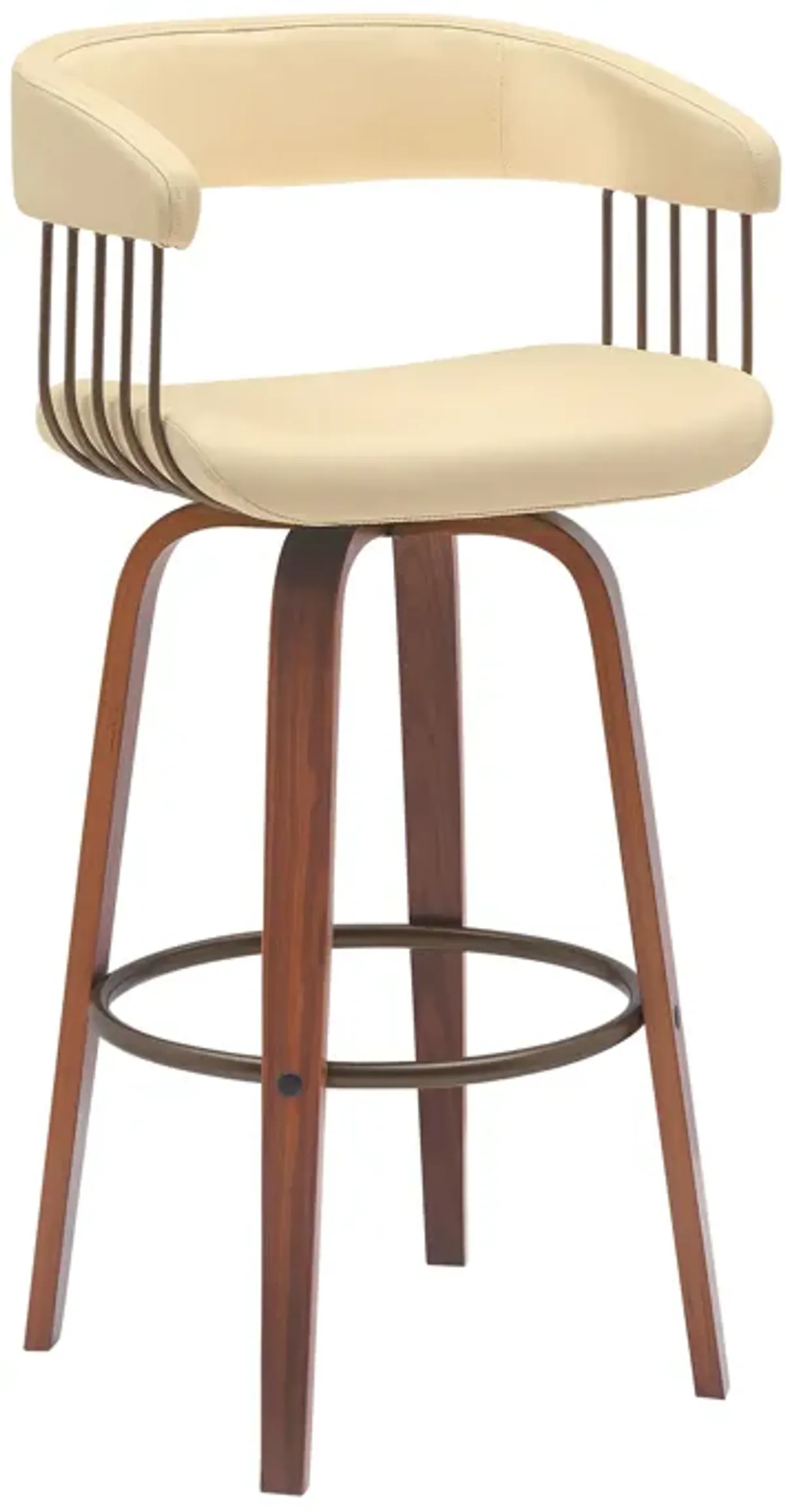 Topanga 26" Swivel Walnut Wood Counter Stool in Cream Faux Leather with Golden Bronze Metal