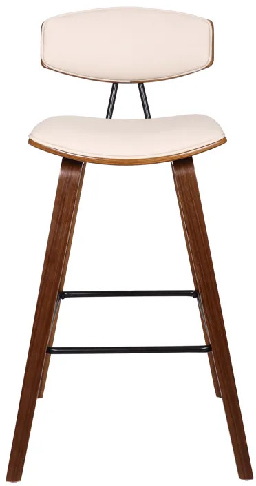 Fox 28.5" Bar Height Cream Faux Leather and Walnut Wood Mid-Century Modern Bar Stool