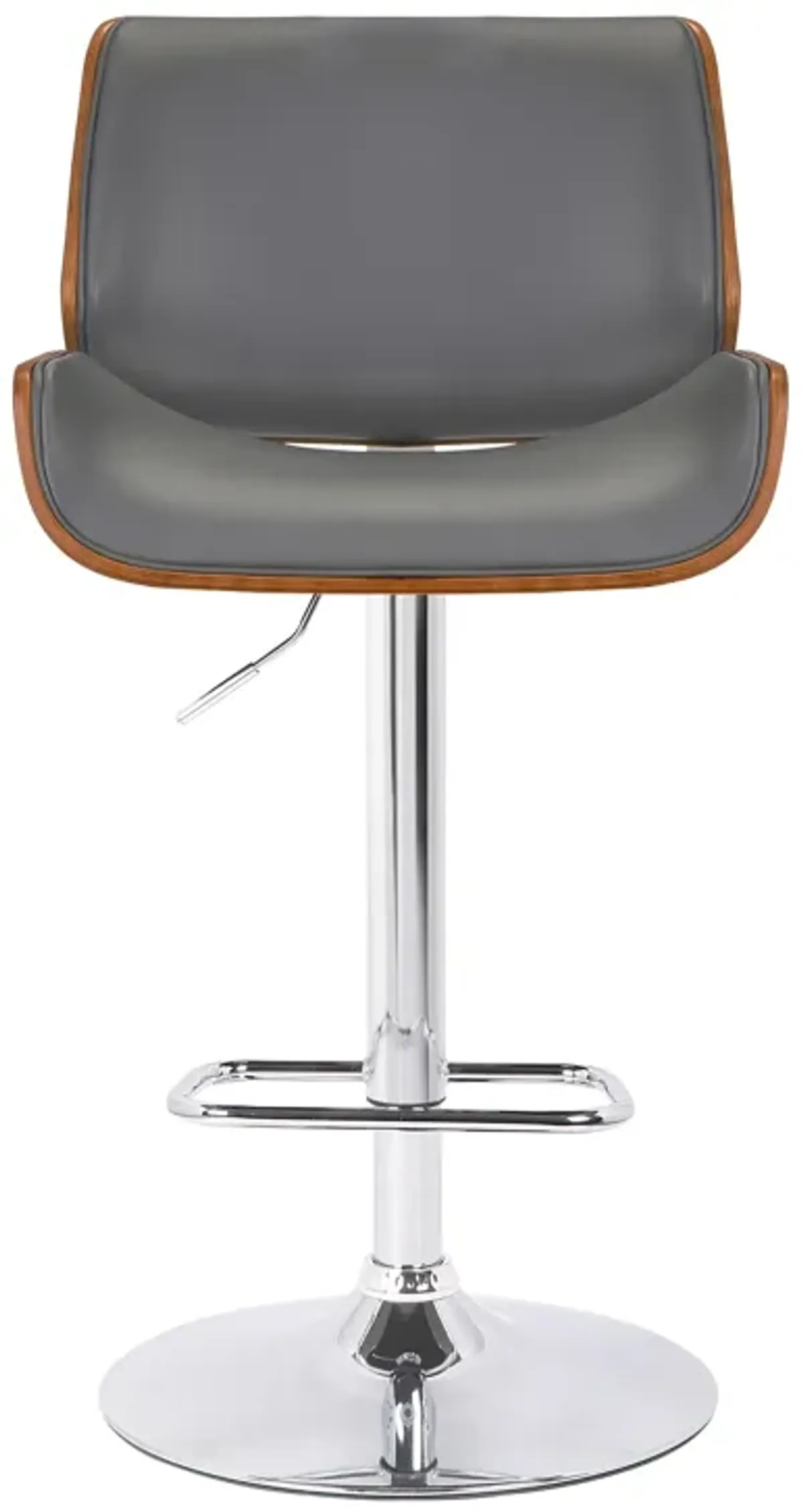 London Grey Faux Leather Adjustable Height Swivel Walnut Wood and Chrome Bar Stool