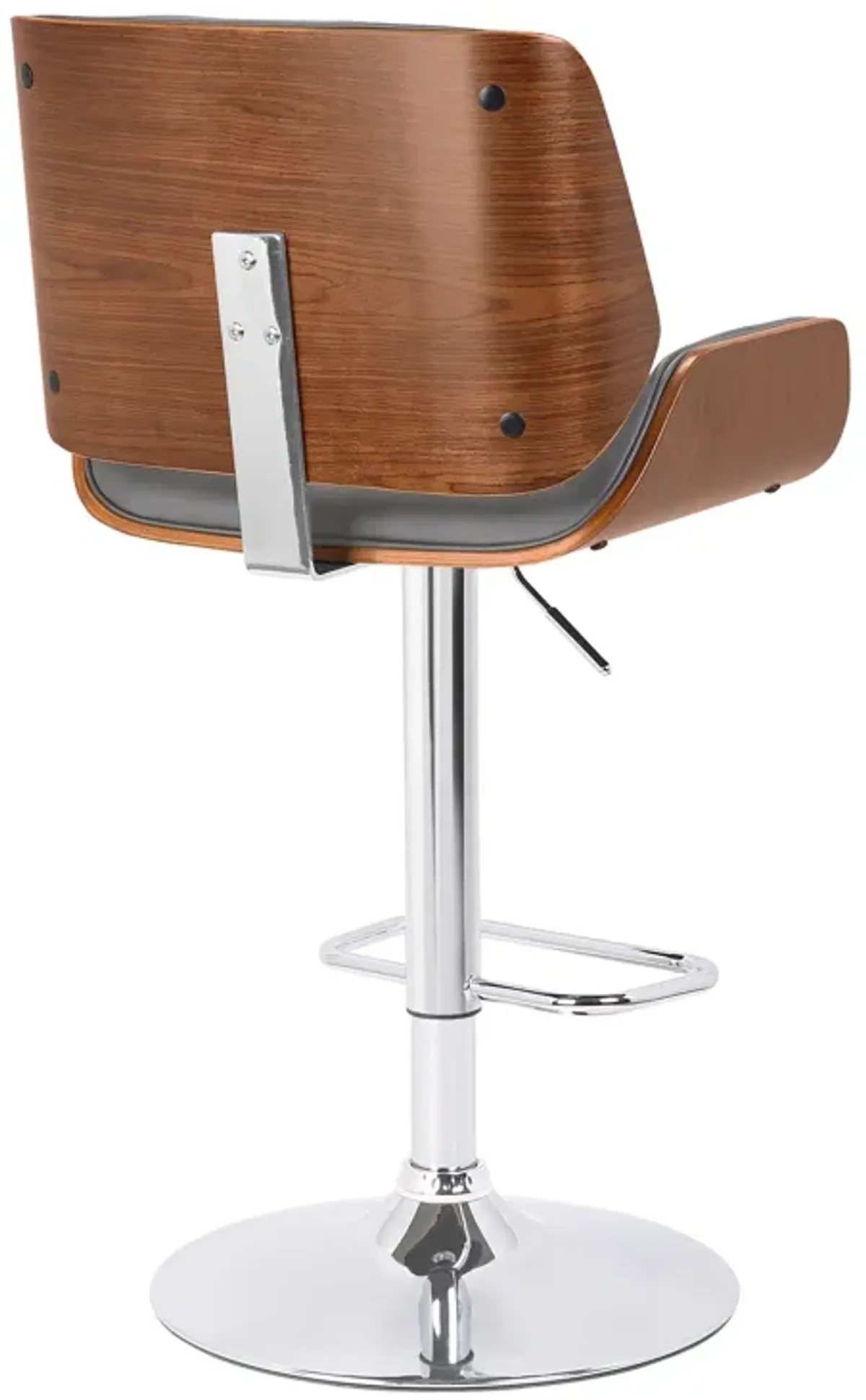 London Grey Faux Leather Adjustable Height Swivel Walnut Wood and Chrome Bar Stool