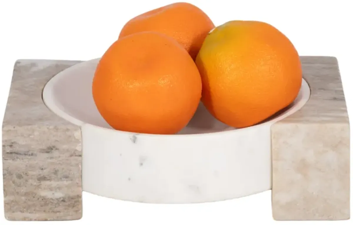 10" Marble Bowl With Onyx Marble Sides, White/tan
