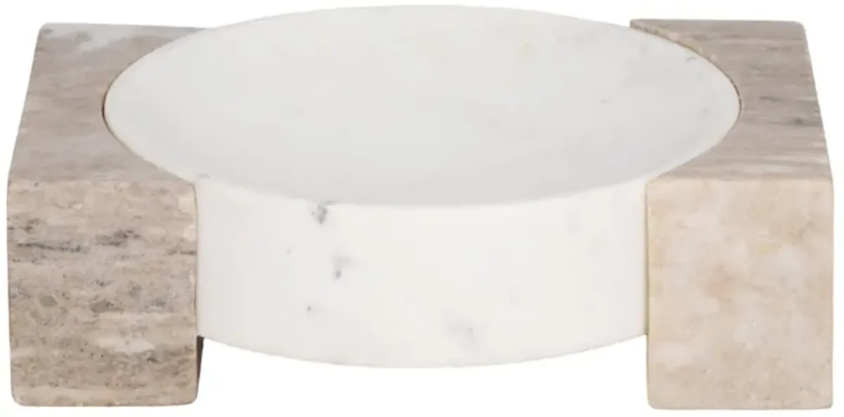 10" Marble Bowl With Onyx Marble Sides, White/tan