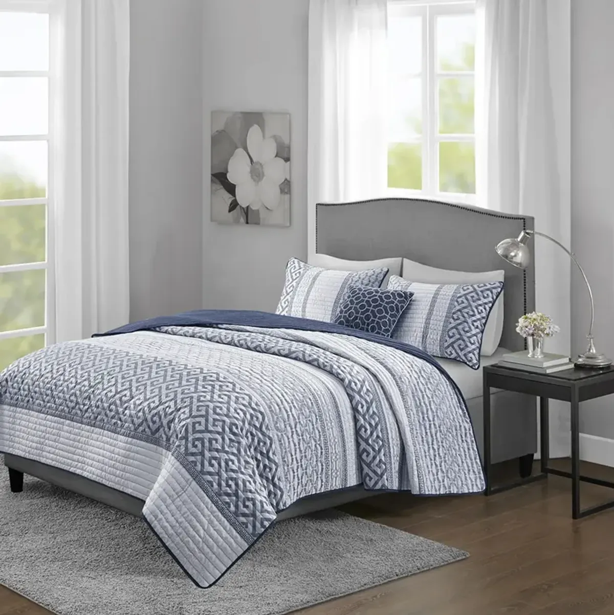 Madison Park Bennett Navy 4 Piece Jacquard Quilt Set with Throw Pillow