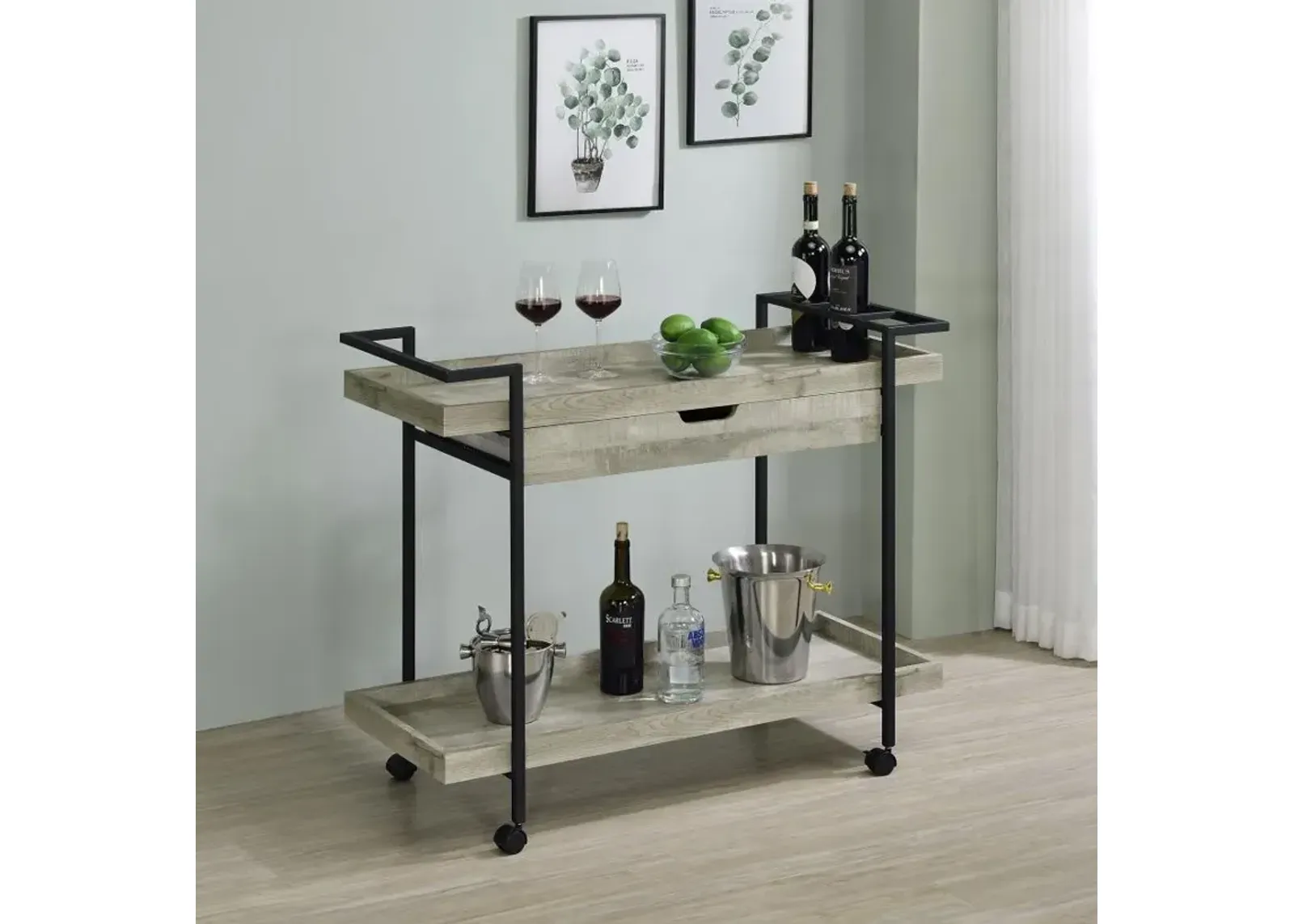 Ventura 2-tier Bar Cart with Storage Drawer Grey Driftwood