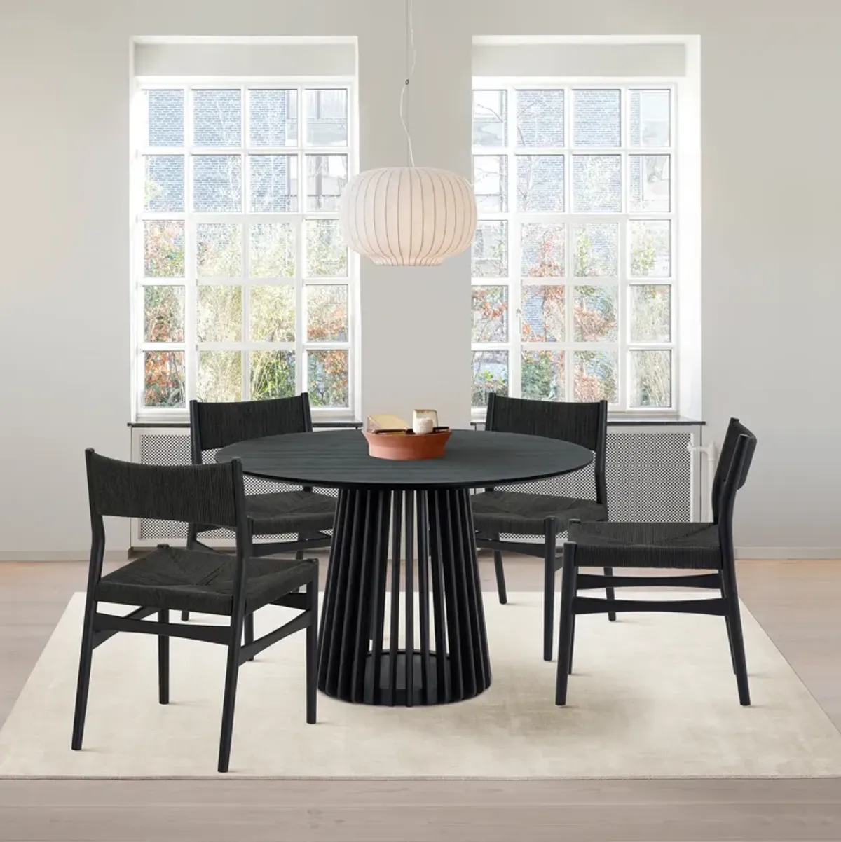 Pasadena Erie 5 Piece Round Dining Set in Black Oak Finish with Paper Cord Chairs