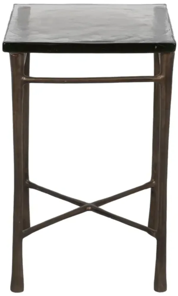 22" Thick Glass Top Square Accent Tale, Antique Br