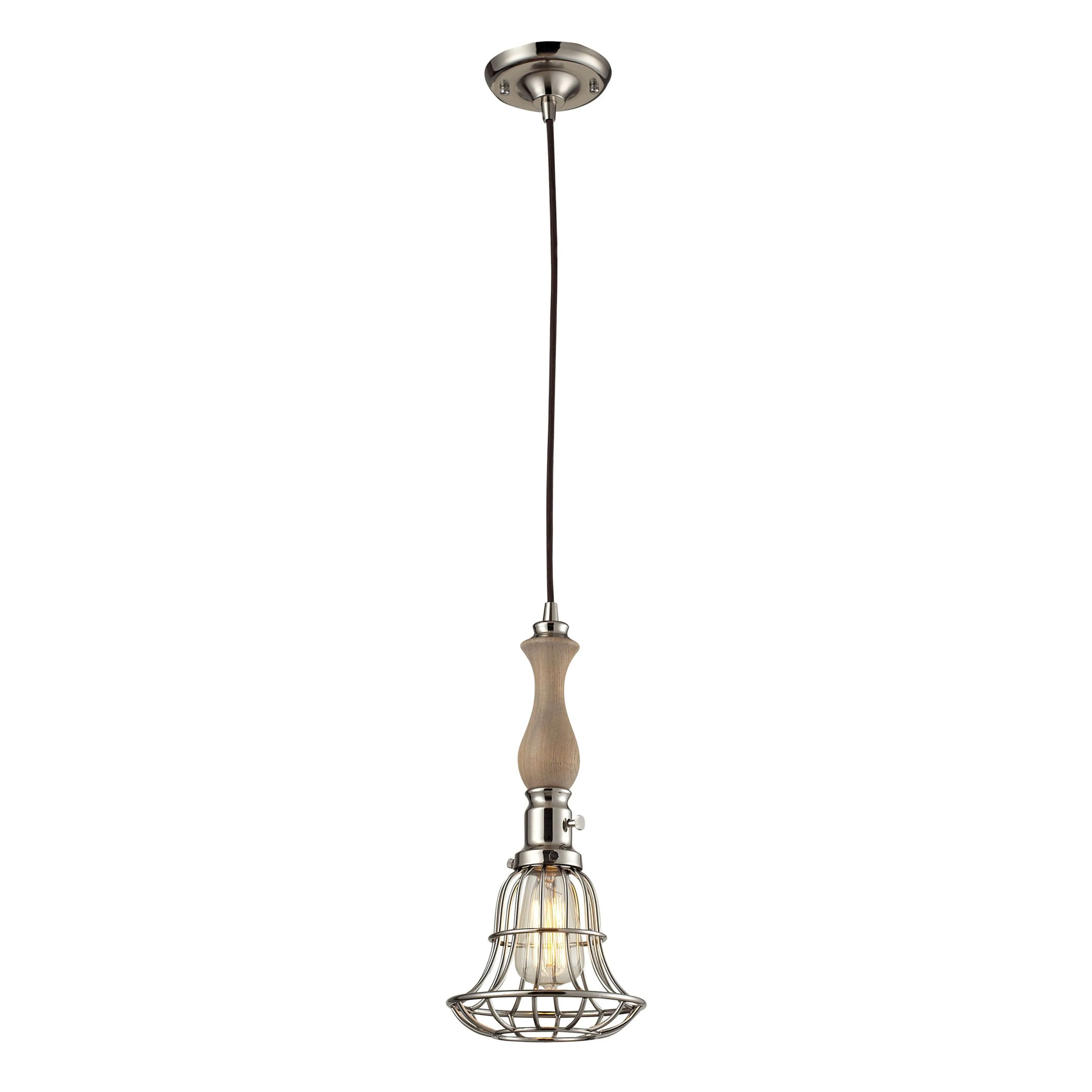 1 light wood pendant in Polished Nickel