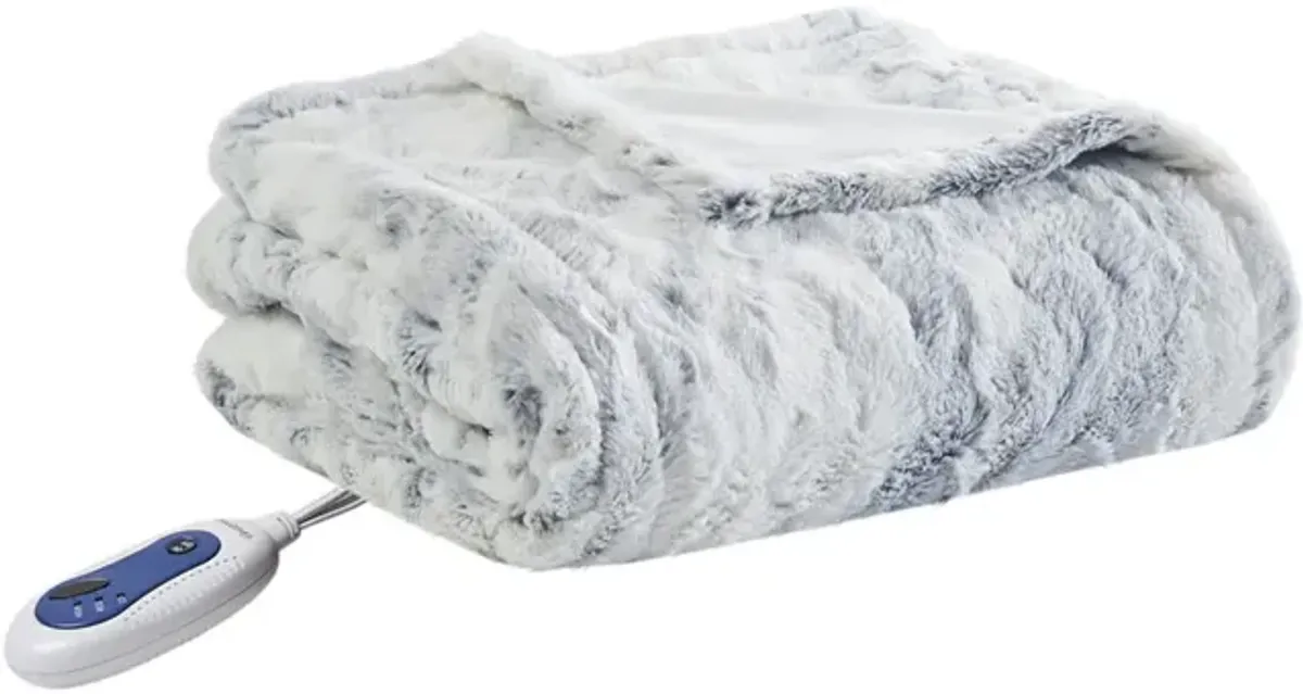 Beautyrest Zuri Grey/Blue Oversized Faux Fur Heated Throw