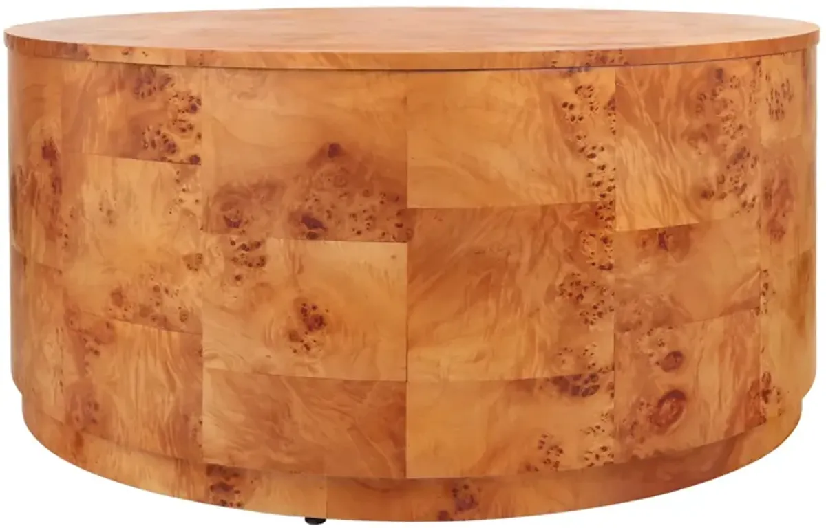 Arsenio Burl Wood Round Coffee Table, Golden Brown Burl 