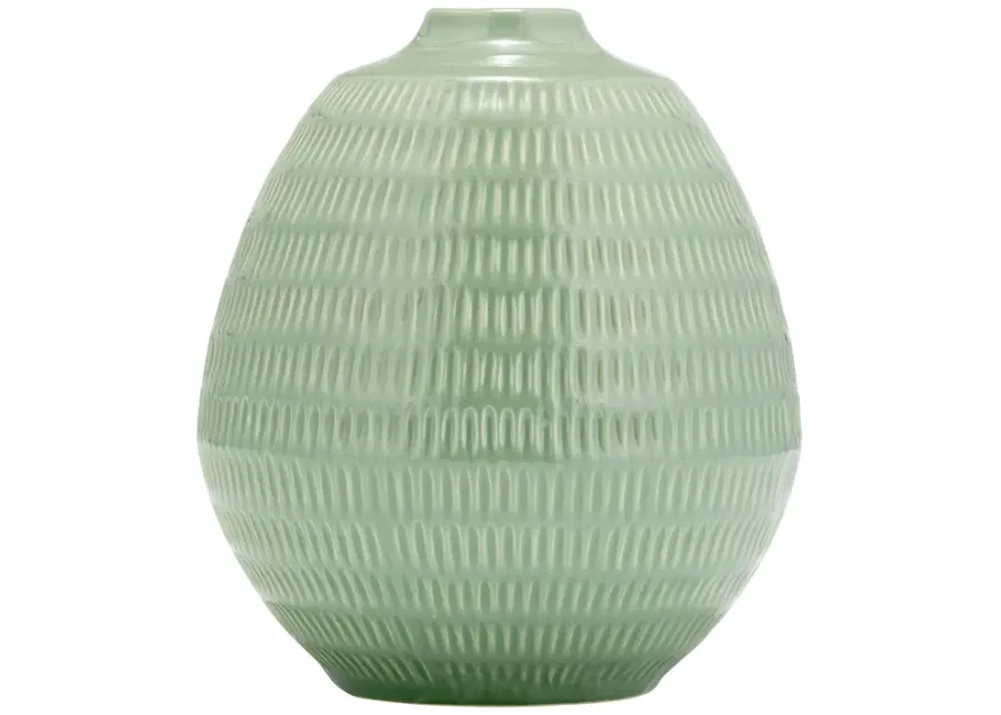 Cer,7",stripe Oval Vase,dark Sage