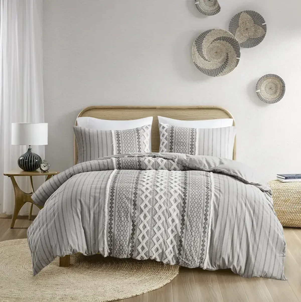 INK+IVY Imani Gray Cotton Printed Duvet Cover Set with Chenille