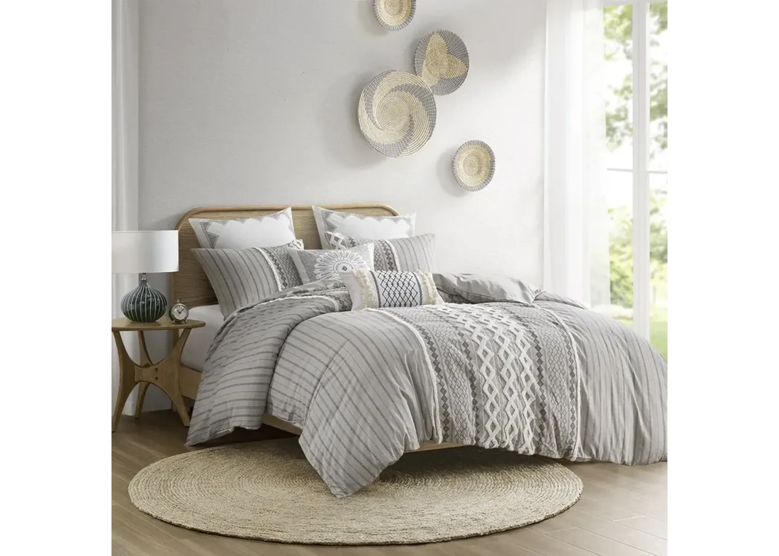 INK+IVY Imani Gray Cotton Printed Duvet Cover Set with Chenille