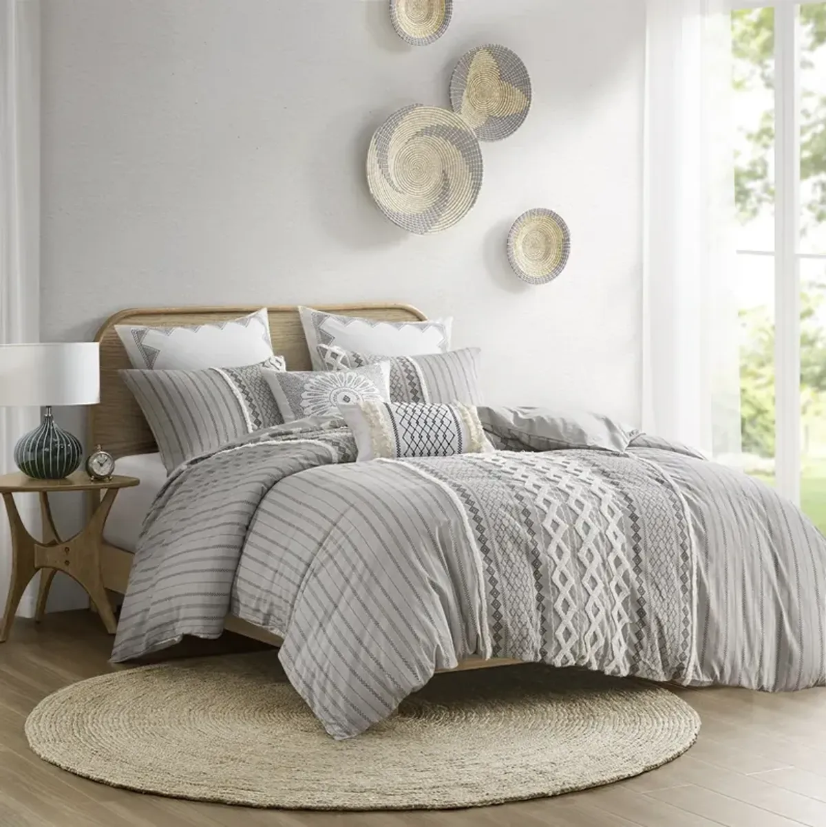 INK+IVY Imani Gray Cotton Printed Duvet Cover Set with Chenille