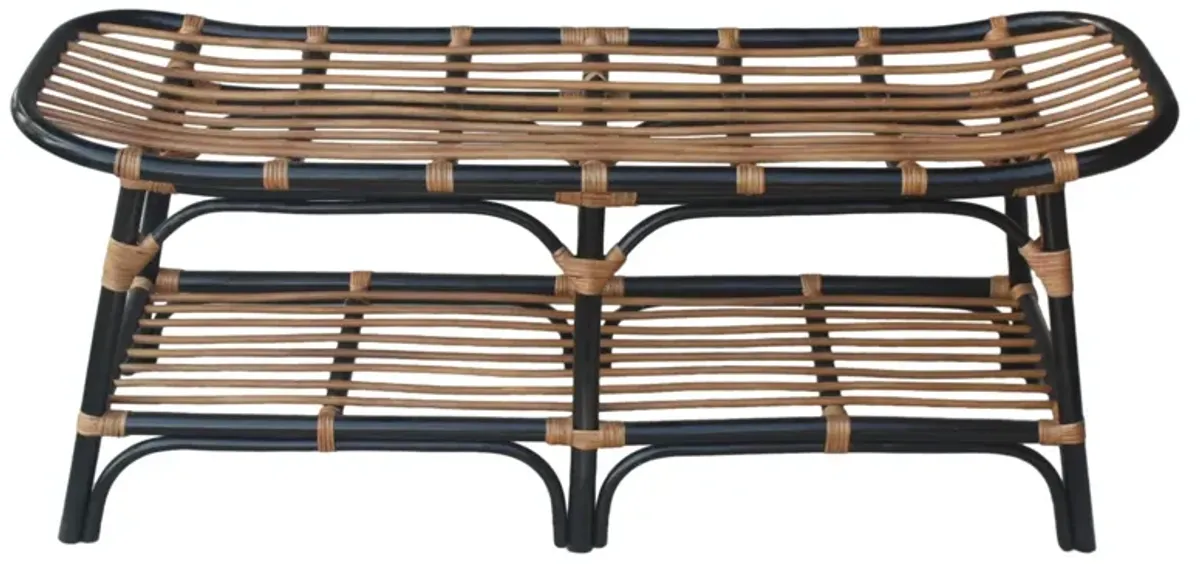 Damara Rattan Bench w/ Shelf, Black