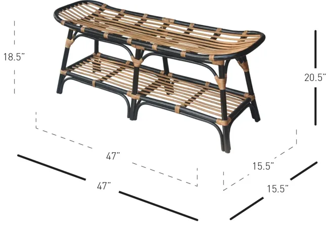 Damara Rattan Bench w/ Shelf, Black