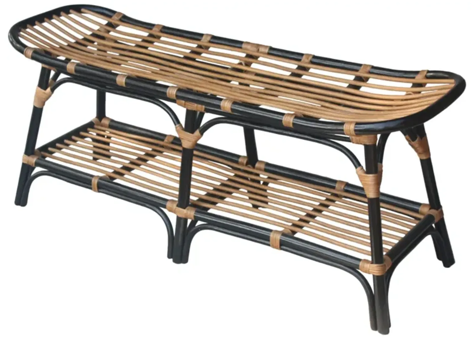 Damara Rattan Bench w/ Shelf, Black