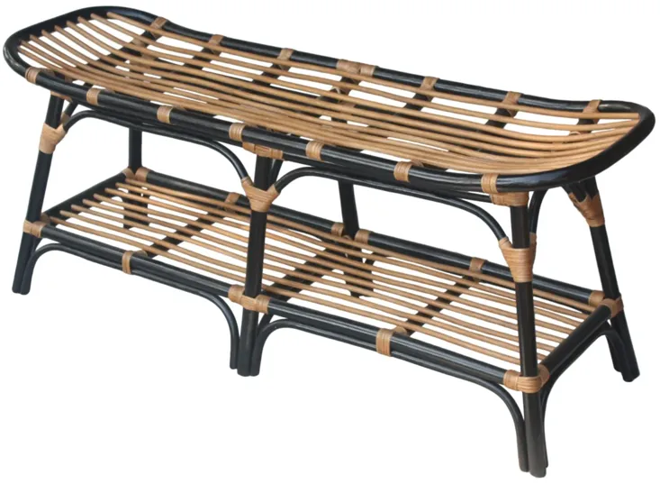 Damara Rattan Bench w/ Shelf, Black