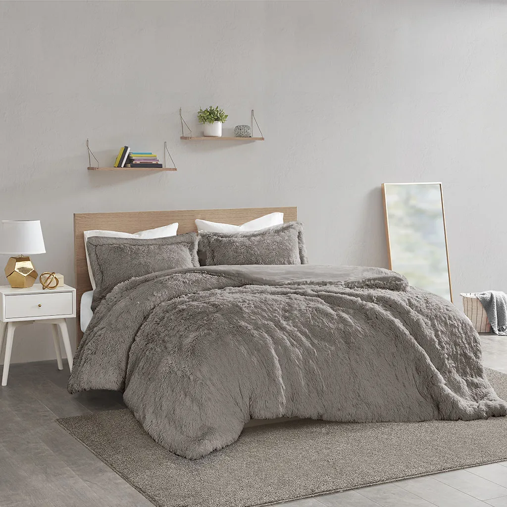 Intelligent Design Malea Grey Shaggy Fur Duvet Cover Set