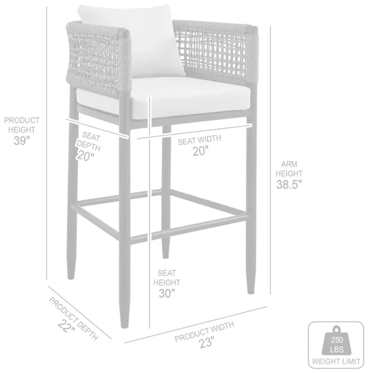 Alegria Outdoor Patio Bar Stool in Aluminum with Grey Rope and Cushions