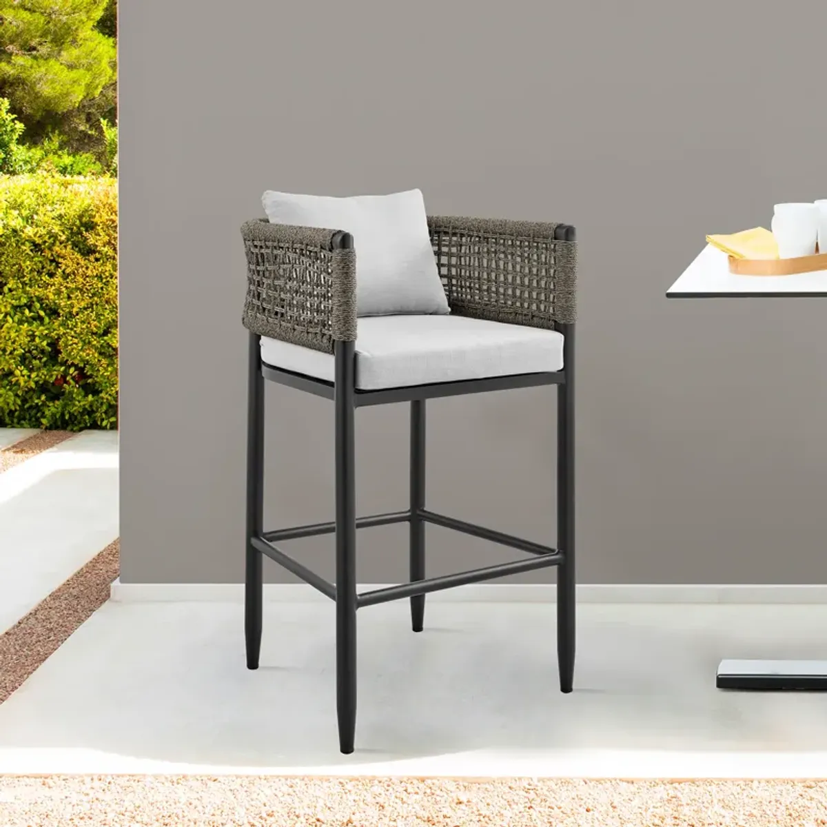 Alegria Outdoor Patio Bar Stool in Aluminum with Grey Rope and Cushions