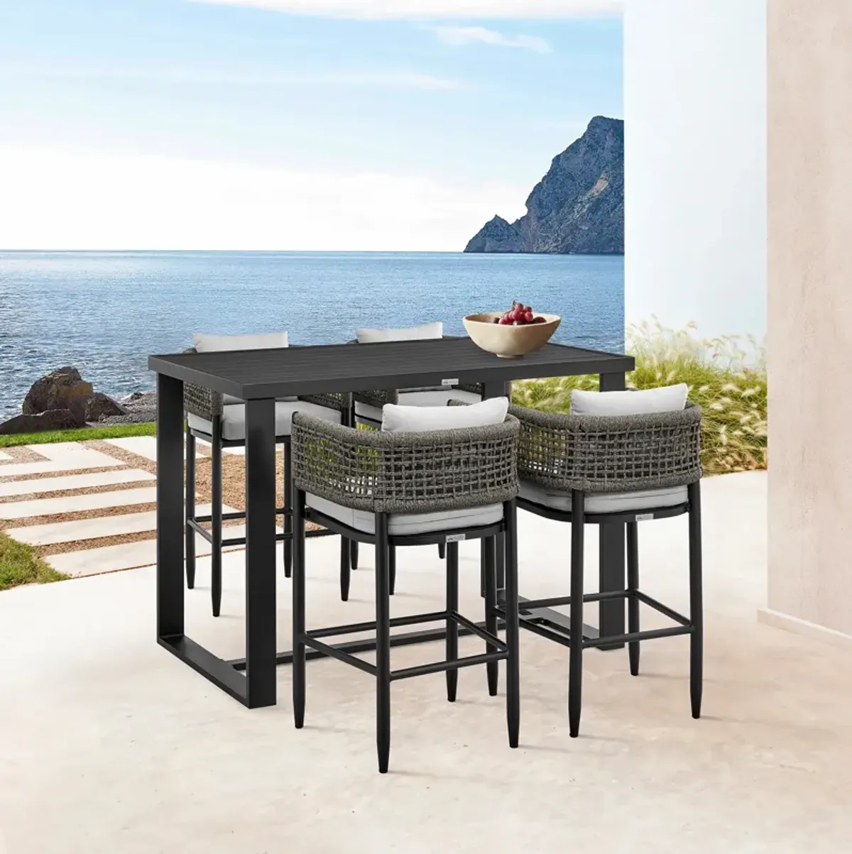 Alegria Outdoor Patio Bar Stool in Aluminum with Grey Rope and Cushions