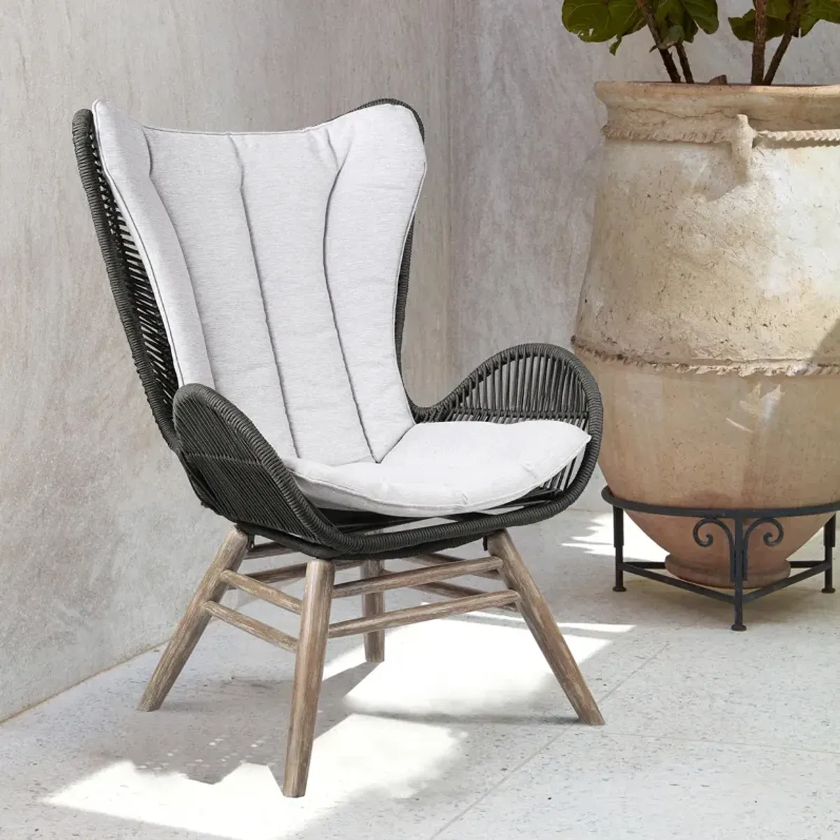 King Indoor Outdoor Lounge Chair in Light Eucalyptus Wood with Truffle Rope and Grey Cushion